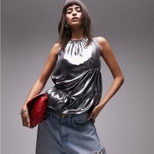 Topshop ruched foil top in gunmetal
